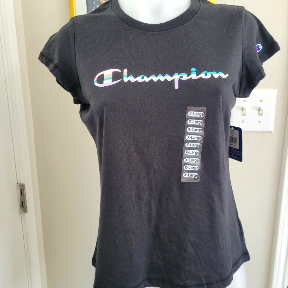 Champion Cap Sleeve TShirt Black Retro Tropical Color Logo XL NWT